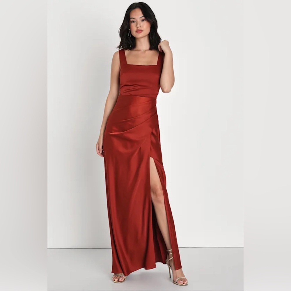 Lulu’s Rust Orange Satin Square Neck Maxi Dress